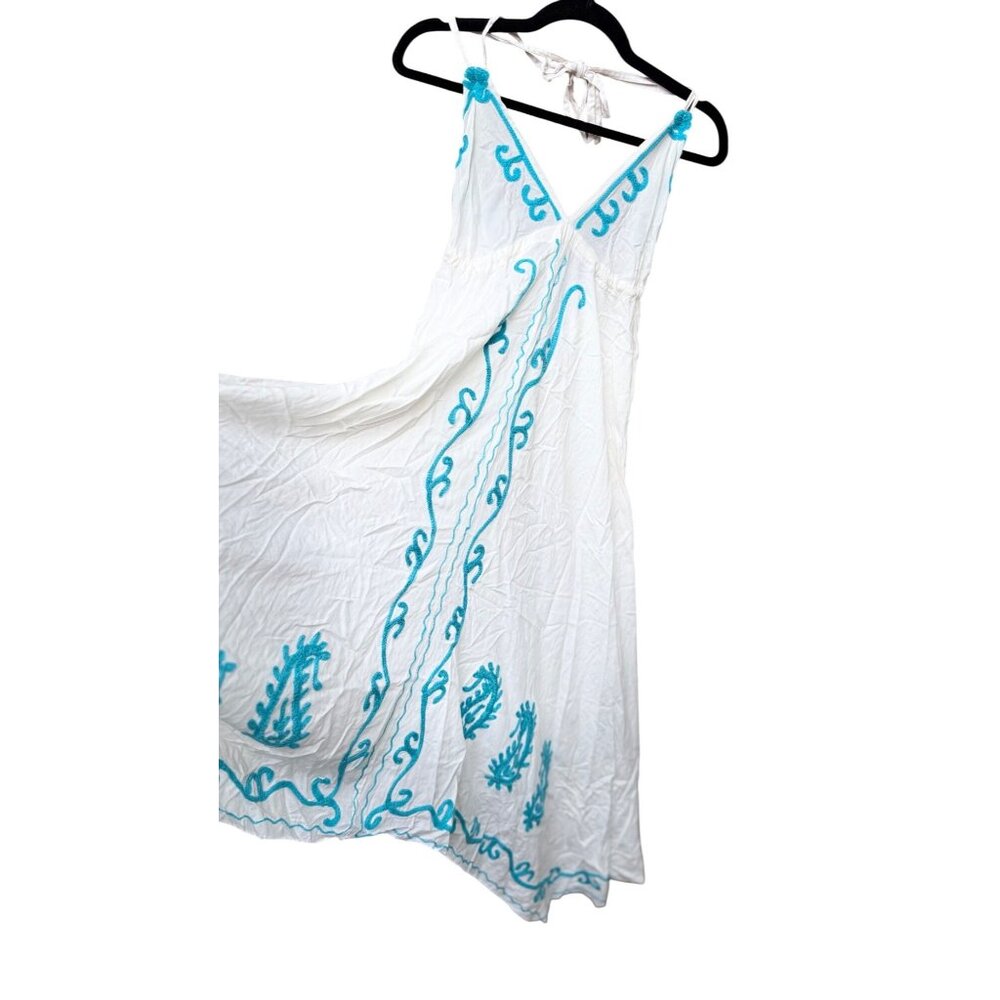 NWT Womens 100% Viscose Maxi Dress Blue Embroidery Spaghetti Straps & Tie Back